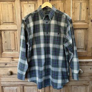 Men's Orvis Green Brown Long Sleeve‎ Plaid Shirt Large Signature Twill